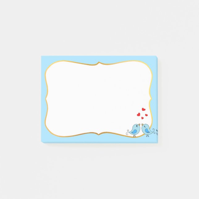 Post-it® Jolis petits oiseaux bleus, cœurs et cadre bleu cl (Devant)