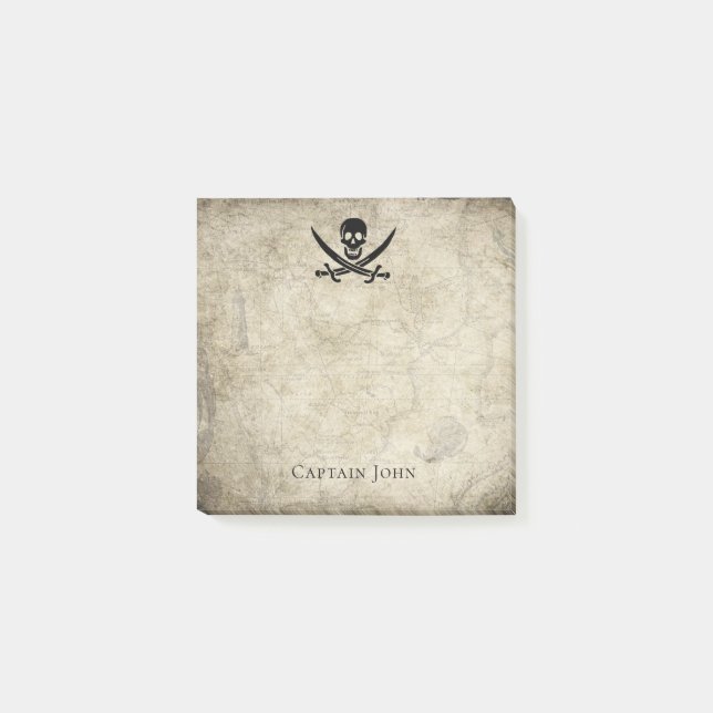 Post-it® Jolly roger et nom sur la carte Vintage (Devant)