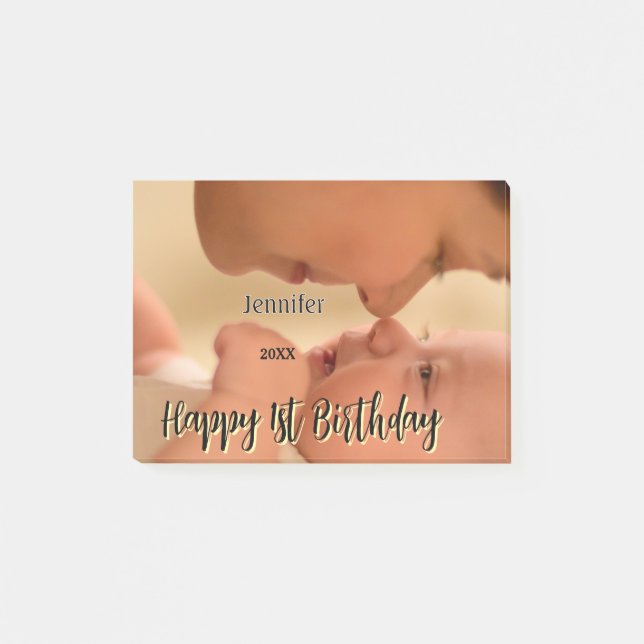 Post-it® Joyeux 1er anniversaire enfants bébé mère noir jau (Devant)