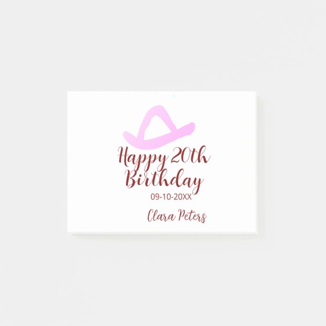 Post-it® Joyeux 20e anniversaire fille cowboy rose nom date (Devant)