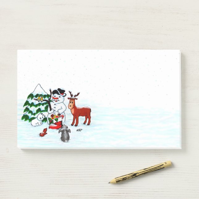 Post-it® Joyeux Noël ! Snowman avec amis (Sur un bureau)