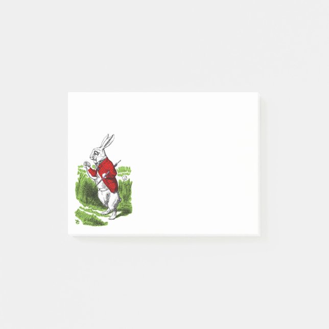 Post-it® Lapin Blanc regardant sa montre. Illustration (Devant)