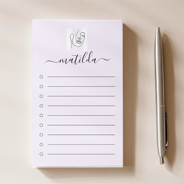 Post-it® Lavande Femme Face Line Art & Script Monogramme (Créateur téléchargé)