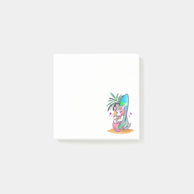 Post-it® Licorne avec planche de surf sur la plage (Devant)