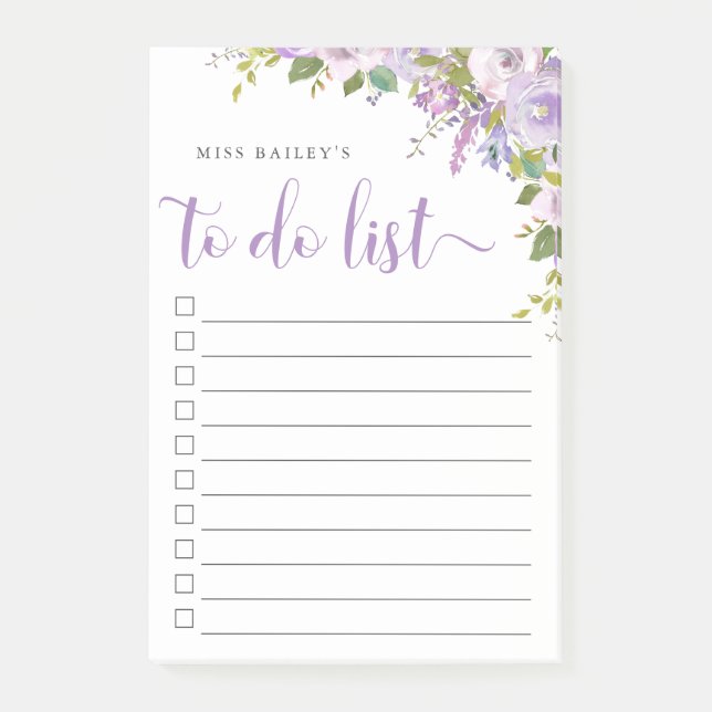 Post-it® Lilac Floral Monogrammed Lined To Do List (Devant)