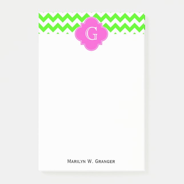 Post-it® Lime Green Chevron Hot rose Quatrefoil Monogramme (Devant)