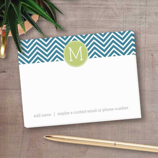 Post-it® Lime Green et Turquoise Chevron Motif Monogramme (Personalized post-it notes - add your name and other text)