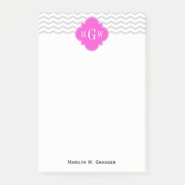 Post-it® Lt Grey Chevron Hot Pink Quatrefoil 3 Monogramme T (Devant)