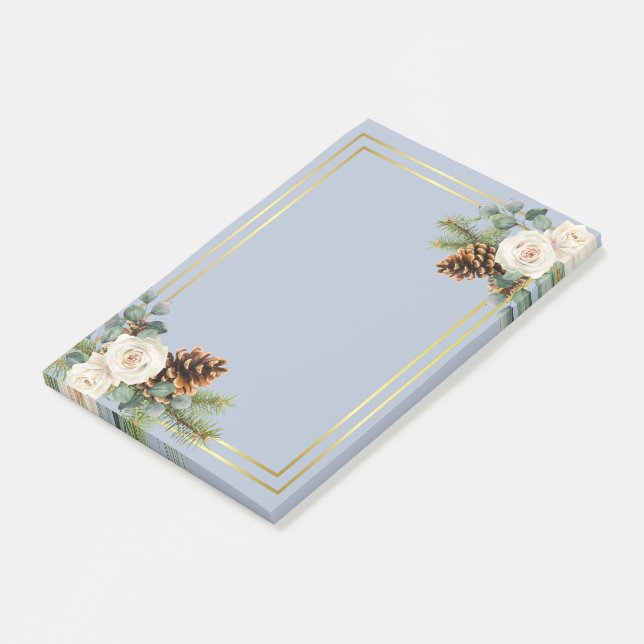 Post-it® Mariage d'hiver Roses blanches Or Dusty Bleu (Incliné)