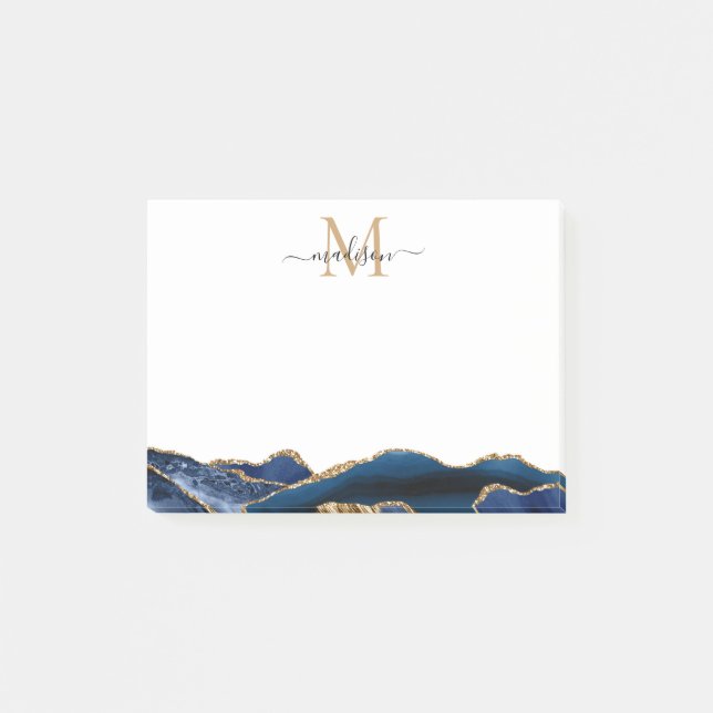 Post-it® Marine Blue Gold Agate Feminine Chic Script Monogr (Devant)