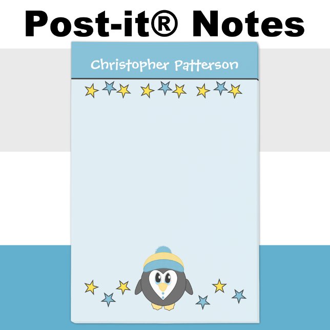 Post-it® Mignon manchot nom étoiles enfants bleu jaune (Créateur téléchargé)