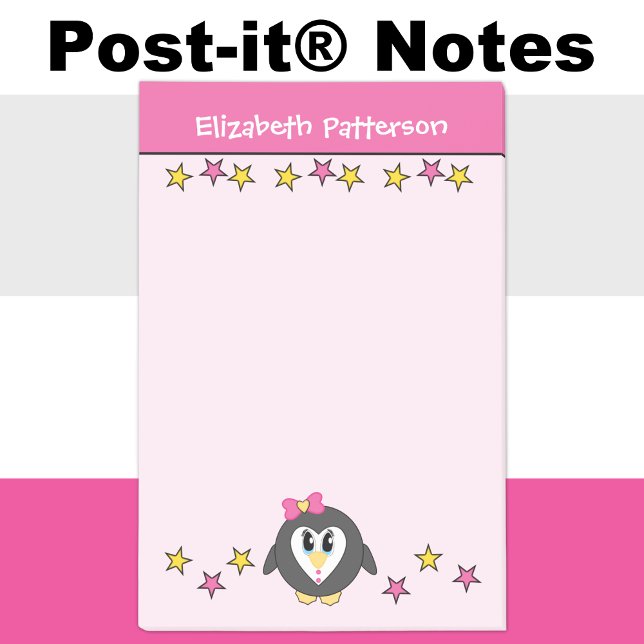 Post-it® Mignon manchot vedette nom enfants rose jaune (Créateur téléchargé)