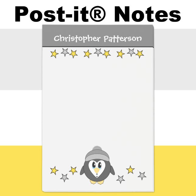 Post-it® Mignon nom d'étoiles de manchot enfants gris jaune (Créateur téléchargé)