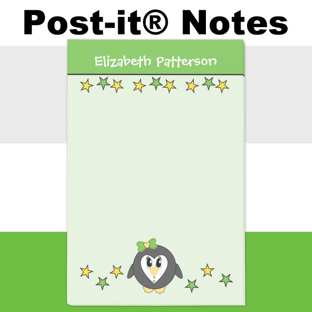 Post-it® Mignon nom d'étoiles de manchot enfants vert jaune (Créateur téléchargé)