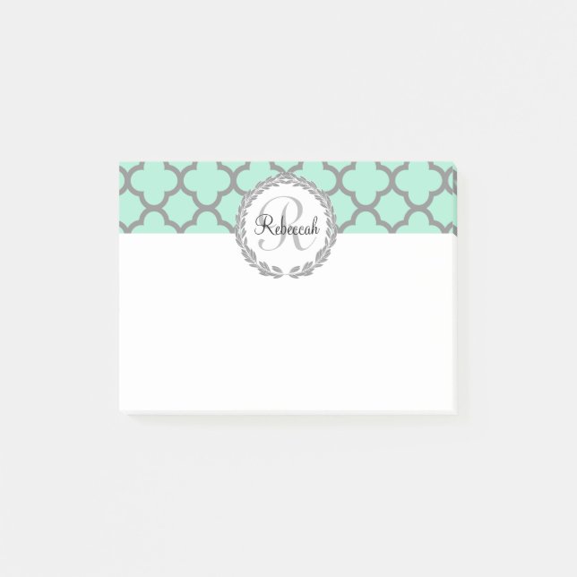 Post-it® Mint Green Grey Quatrefoil Nom Monogramme Laurel (Devant)