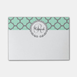 Post-it® Mint Green Grey Quatrefoil Nom Monogramme Laurel