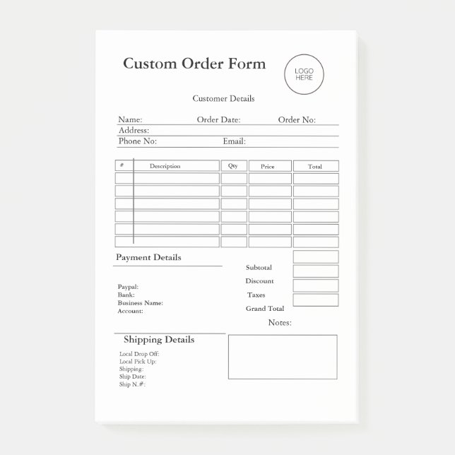 Post-it® Modern Small Business custom order Sales Receipt (Devant)