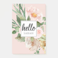Modern Watercolor Pink Flowers & Hello & Nom