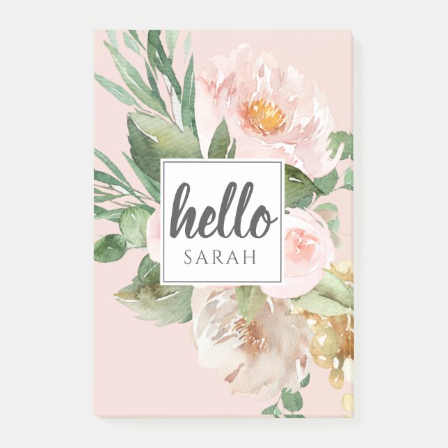 Post-it® Modern Watercolor Pink Flowers & Hello & Nom (Devant)