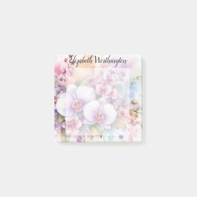 Post-it® Monogramme aquarelle florale fleurs d'orchidée ros (Devant)