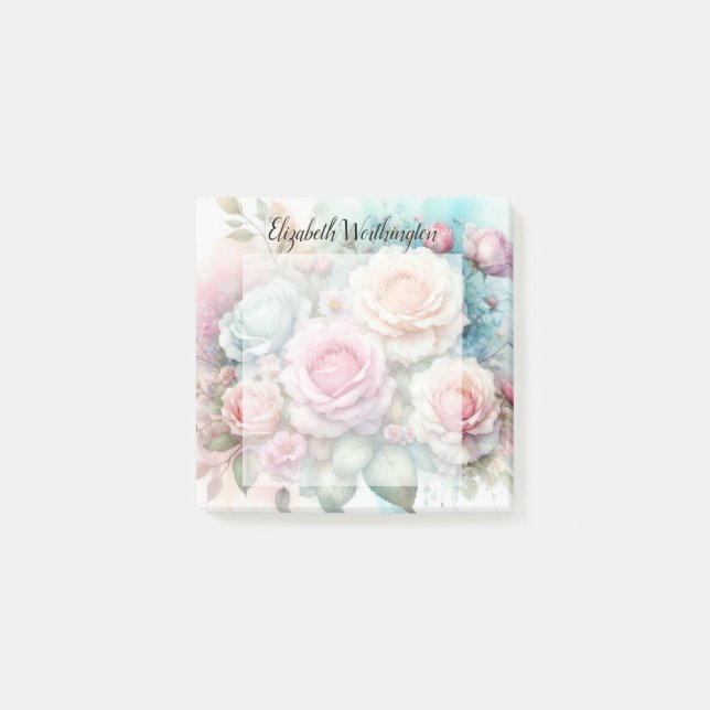 Post-it® Monogramme aquarelle florale roses fleurs roses  (Devant)