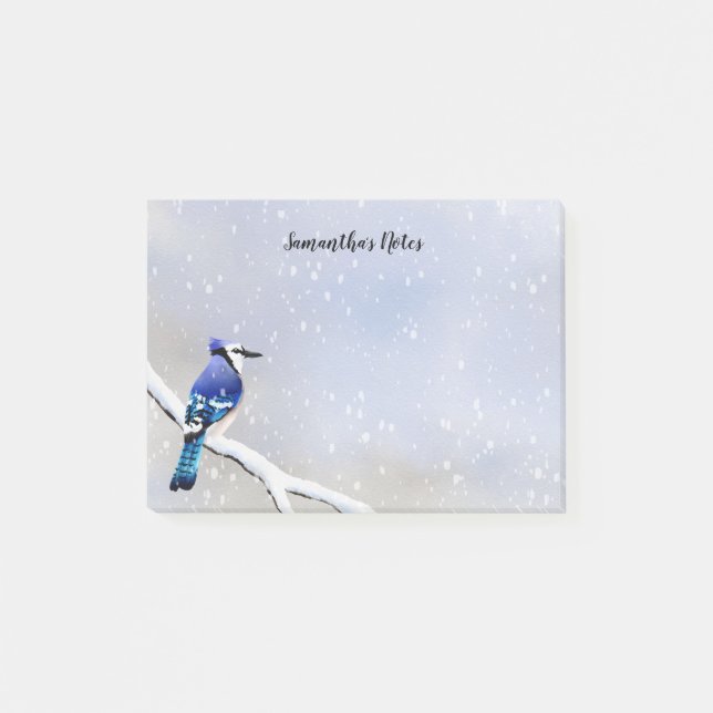 Post-it® Monogramme Aquarelle hiver Neige Oiseau Bleu Jay (Devant)