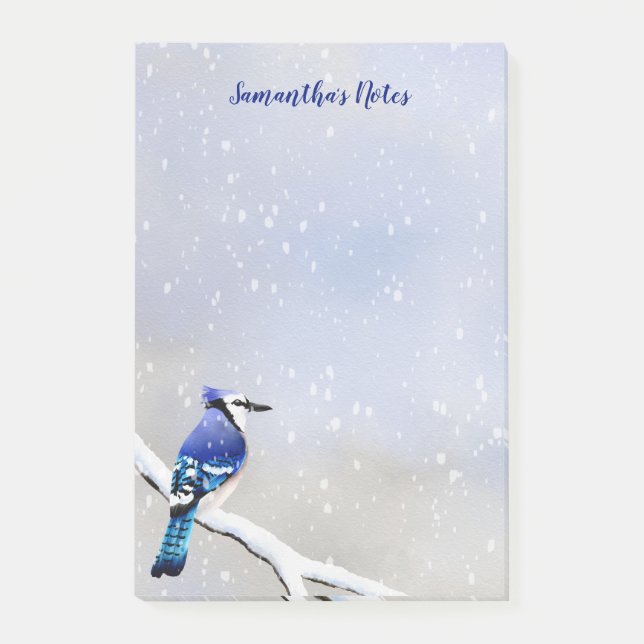 Post-it® Monogramme Aquarelle hiver Oiseau de neige bleu Ja (Devant)