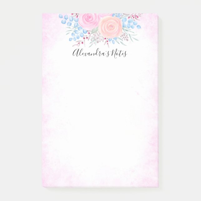 Post-it® Monogramme Bouquet d'aquarelle Roses roses Bleues  (Devant)
