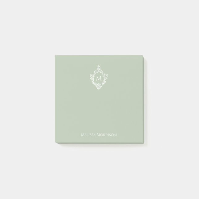 Post-it® Monogramme de crête Vert Sauge Élégant Initial Vin (Devant)