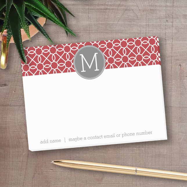 Post-it® Monogramme de Motif géométrique rouge et gris (Personalized Post-it notes - add your name and other text)