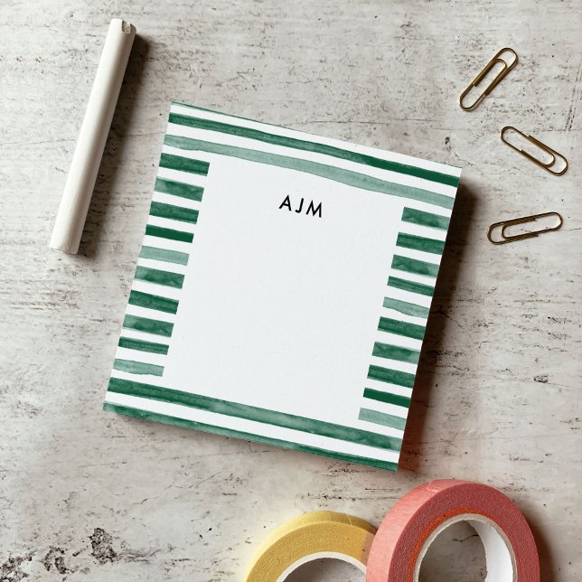 Post-it® Monogramme de rayures d'aquarelle verte (Green Watercolor Stripes Monogram Post-it Notes)