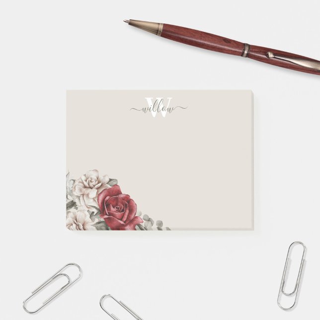 Post-it® Monogramme de rose rouge rustique Floral Post-It N (Créateur téléchargé)