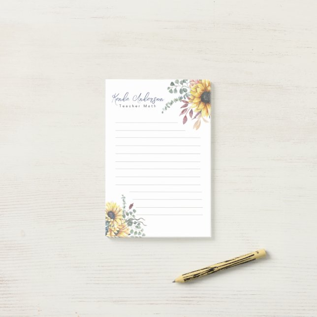 Post-it® Monogramme Élégant Tournesols Rustiques Professeur (Sur un bureau)