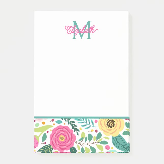 Post-it® Monogramme floral de printemps rose et sarcelle (Devant)