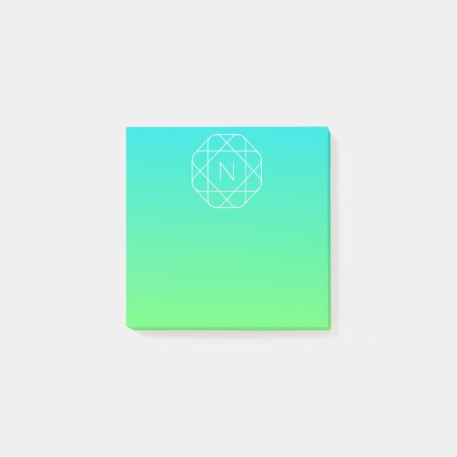 Post-it® Monogramme géométrique cool | Dégradé bleu et vert (Devant)