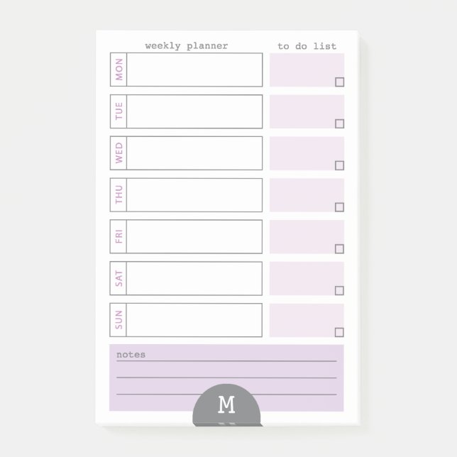 Post-it® Monogramme Hebdomadaire Planificateur Lilac Notes (Devant)