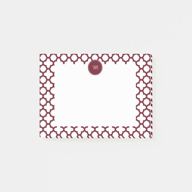 Post-it® Monogramme Motif de quatrefoil bordeaux et blanc (Devant)