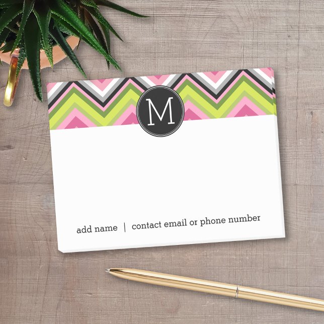 Post-it® Monogramme Motif rose chaud, chaux et noir de Chev (Personalized post-it notes with a monogram and contact information - low quantity available)