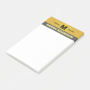 Post-it® Monogramme personnalisé Noir Nom Or, Moderne Éléga