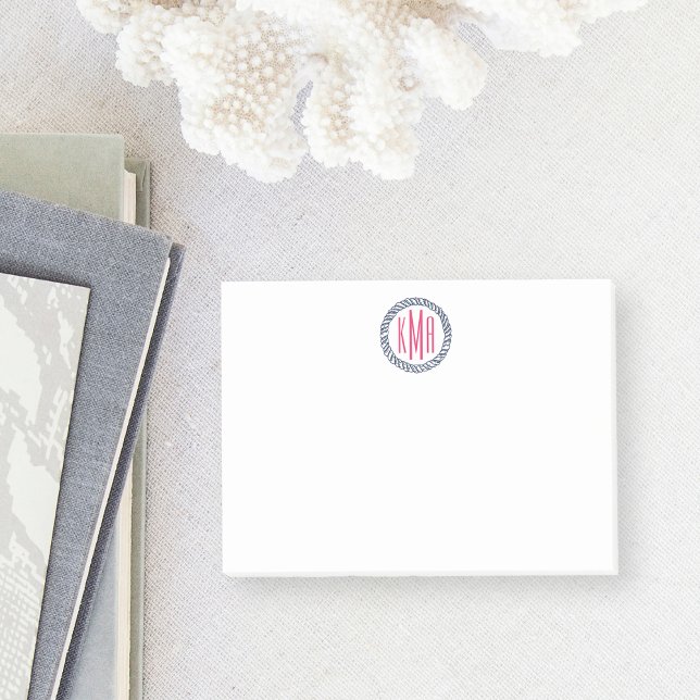 Post-it® Monogramme Preppy Nautical Navy et corde rose (Créateur téléchargé)