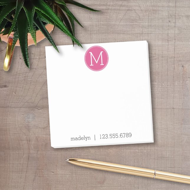 Post-it® Monogramme rose chaud avec nom et numéro de contac (Add your monogram to these personalized post-it notes with social media contact info.)