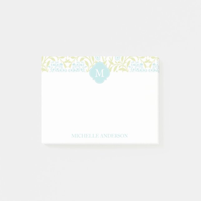 Post-it® Monogramme Vert et Aqua Floral Damask (Devant)