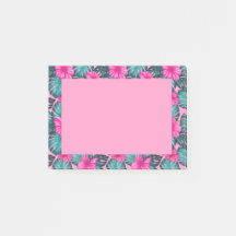 Monstera Feuilles et Hibiscus, Turquoise et rose