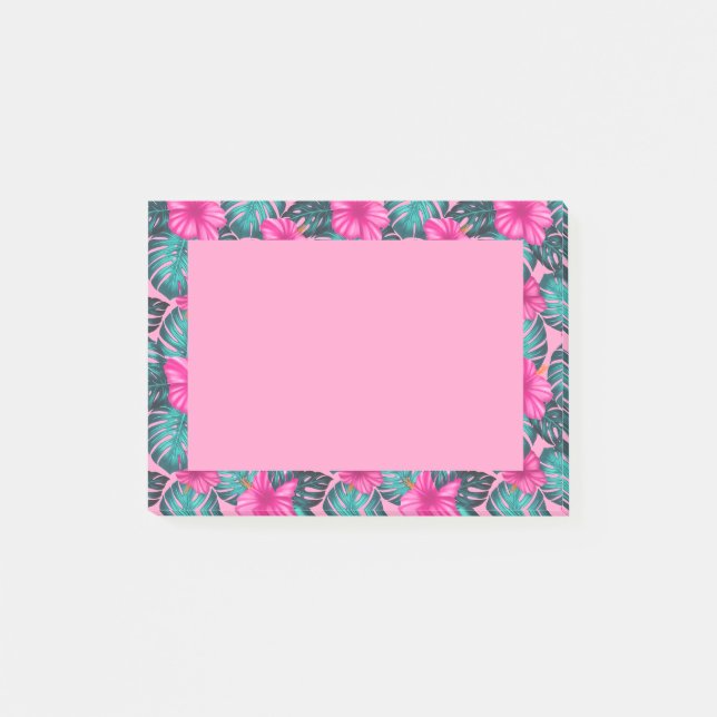 Post-it® Monstera Feuilles et Hibiscus, Turquoise et rose (Devant)