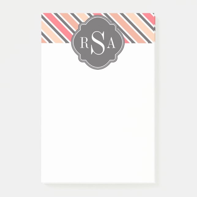 Post-it® Motif à rayures blanches gris rose monogramme (Devant)