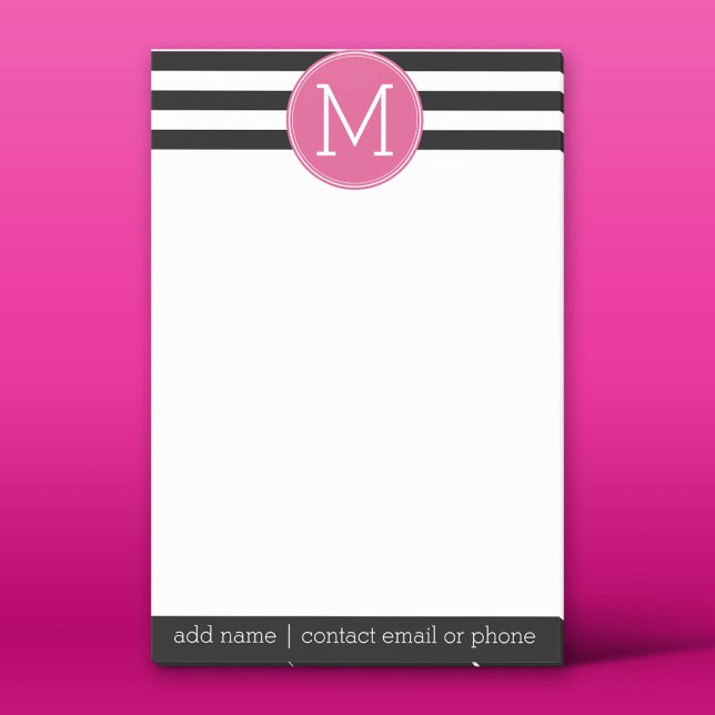 Post-it® Motif à rayures noir et blanc Monogramme rose chau (Custom Post-it Notepad)