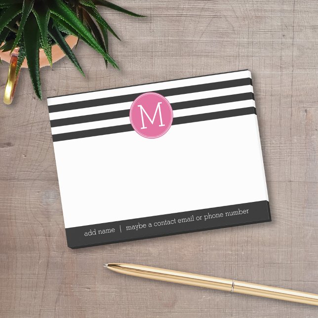 Post-it® Motif à rayures noir et blanc Monogramme rose chau (Add your monogram and social contact info to this preppy post-it note design)