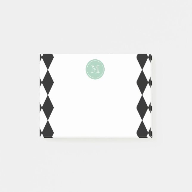 Post-it® Motif blanc noir de harlequin, monogramme vert en (Devant)