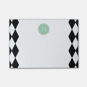 Post-it® Motif blanc noir de harlequin, monogramme vert en