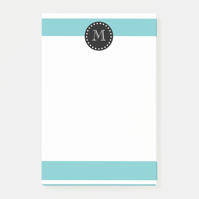 Post-it® Motif blanc turquoise de rayures, monogramme noir (Devant)